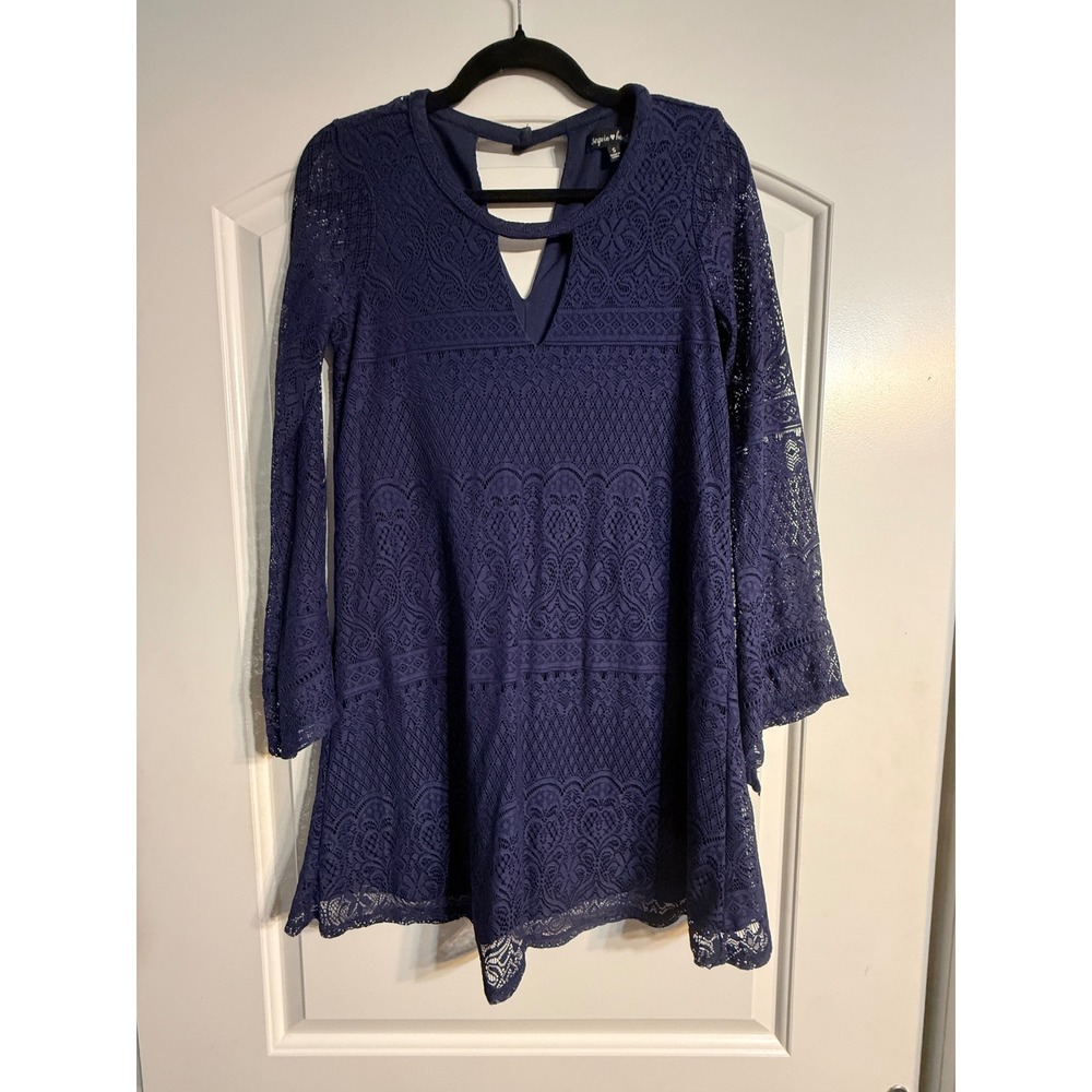 Sequin Hearts Dress Small Navy Blue Lace Bell Sleeve Boho Whimsigoth Romantic